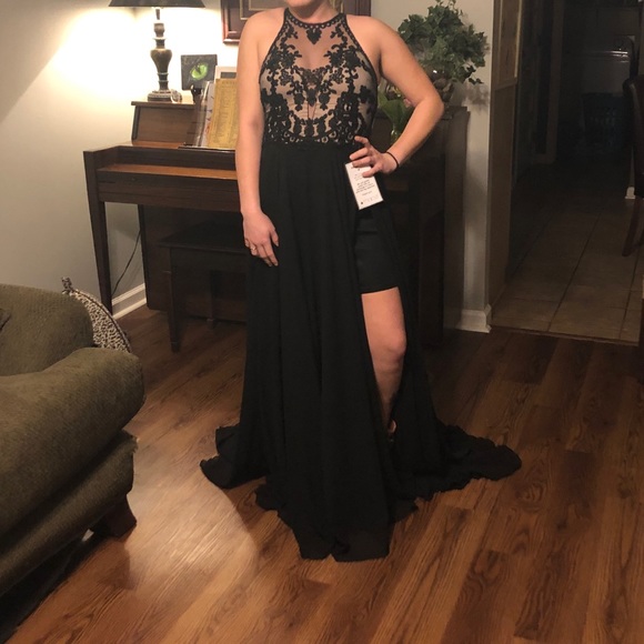 black lace top prom dress